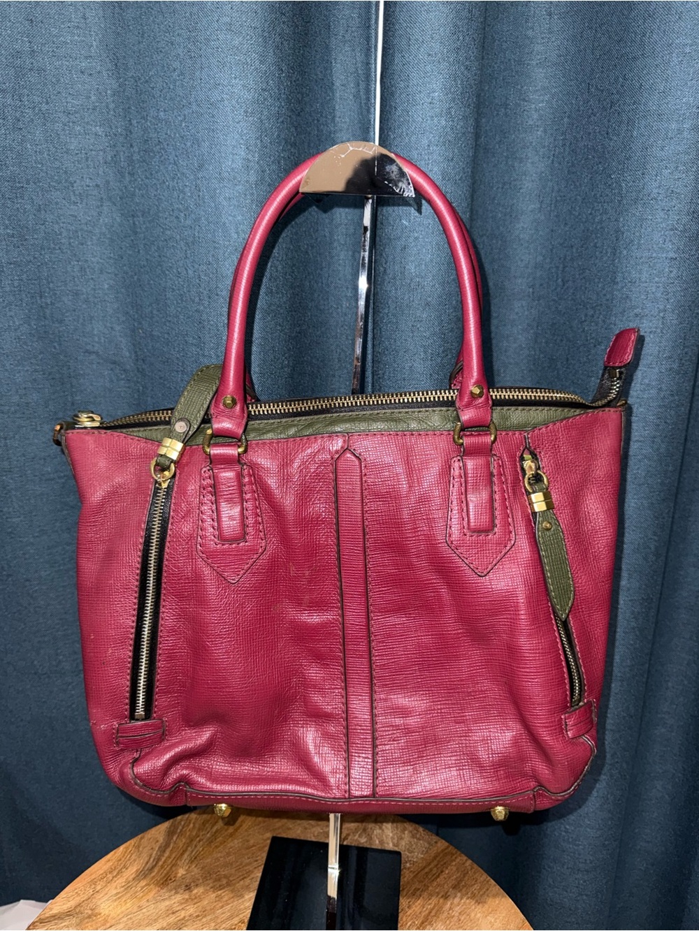 orYANY Plum Leather Satchel with Olive Trim